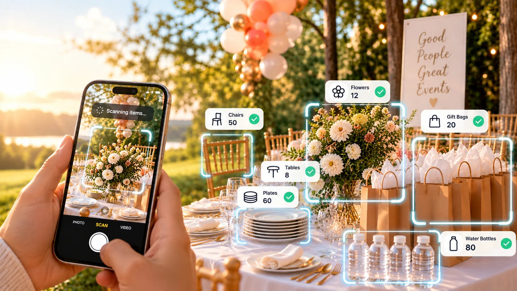 A phone scanning an event table; Zomtally counts the chairs, tables, plates, flowers, gift bags and water bottles.